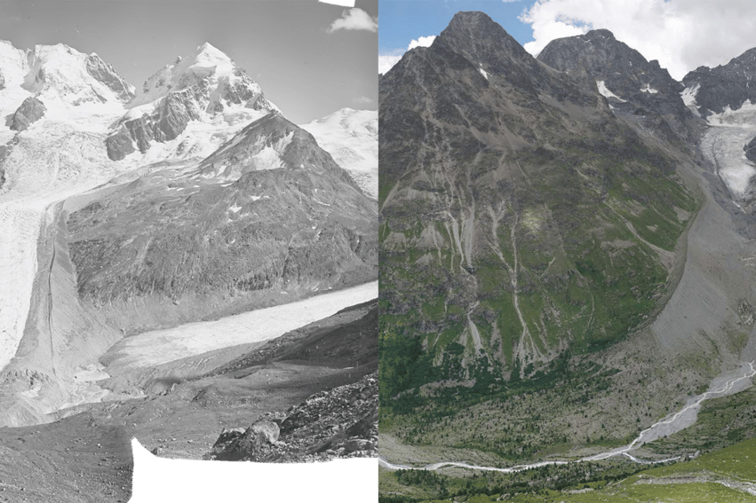 comparaison glacier suisse perte volume moitie depuis 1931